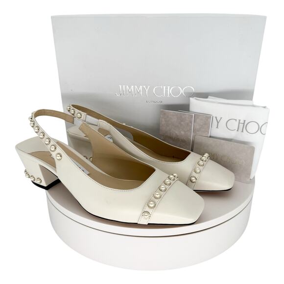 JIMMY CHOO Hya 45mm Faux Pearl Embellished Leather Pumps EU 38.5 US 8.5 Ivory - Picture 10 of 10